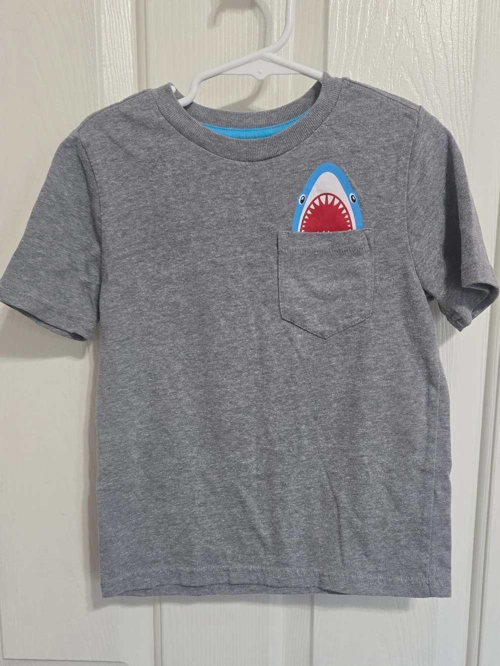 365 Kids grey shark shirt with matching blue ombre shorts